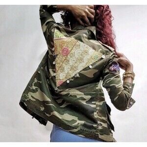 Anthropologie Beautiful Stories Embroidered Camo Utility Jacket Sz S